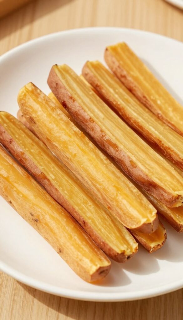 Close-up of baked sweet potato strips for dogs, arranged on a white plate with a wooden background, showcasing homemade hypoallergenic treats in natural light.