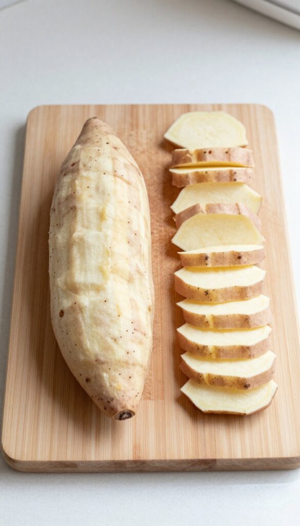 A close-up view of sweet potato strips prepared for baking as homemade dog treats, showcasing their natural color and chew-friendly shape on a plain wooden cutting board and baking tray in a clean, well-lit kitchen setting.