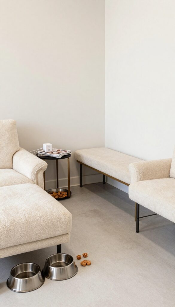 A cozy waiting area in a dog grooming salon with comfortable seating and amenities for owners and pets.