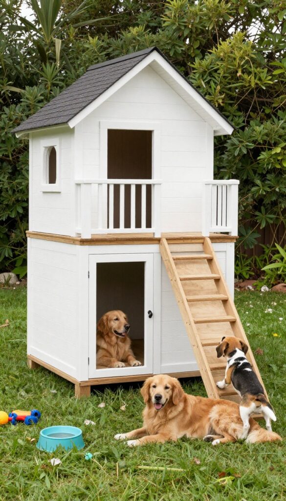 Two-story dog house in backyard with dogs using upper and lower levels