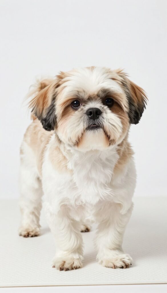 A Shih Tzu dog with a mohawk grooming style in bright natural light, showcasing an edgy and fun vibe for a grooming blog.