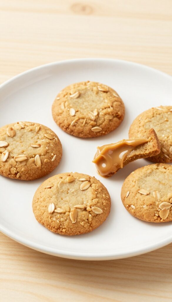 Homemade soft apple oat dog cookies on a plain plate, showcasing a simple, dog-friendly treat recipe with natural ingredients like oats and peanut butter.