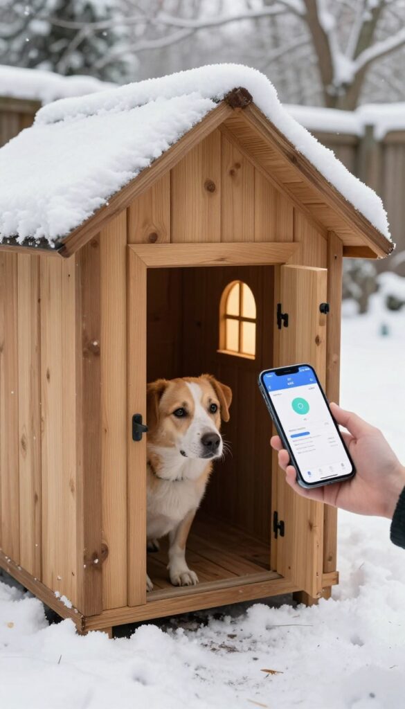 Heated dog house with remote thermostat control on smartphone