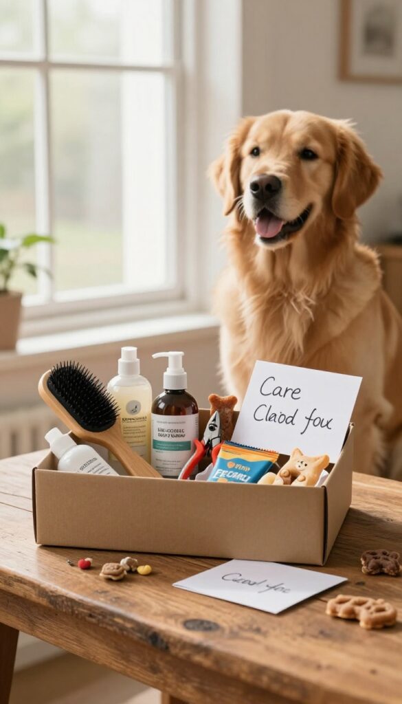 A gift box with dog grooming tools and treats on a wooden table, with a golden retriever nearby in natural light.