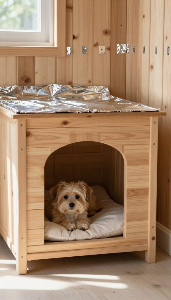 Interior of insulated dog house with reflective foil barrier and cozy dog on bedding