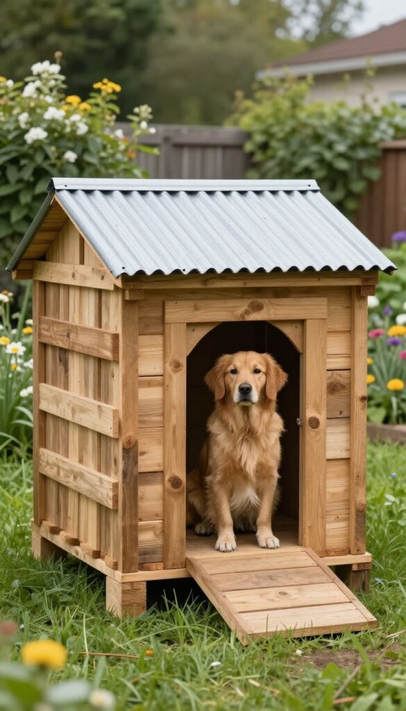 A rustic pallet wood dog house with a corrugated metal roof in a sunny backyard, with a dog sitting beside it.