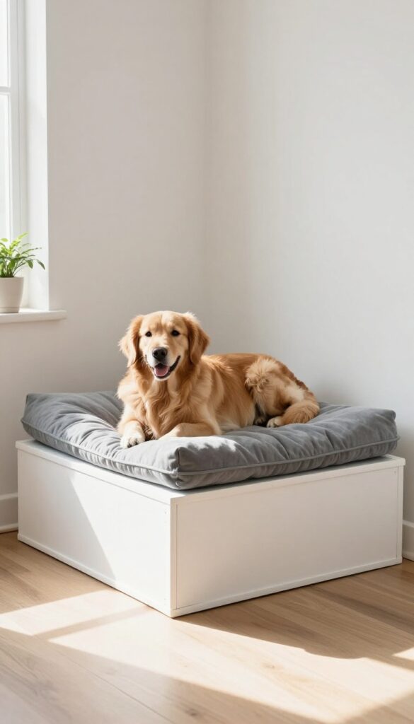 Classic cushioned pallet dog bed with a golden retriever resting on a thick mattress in a bright corner