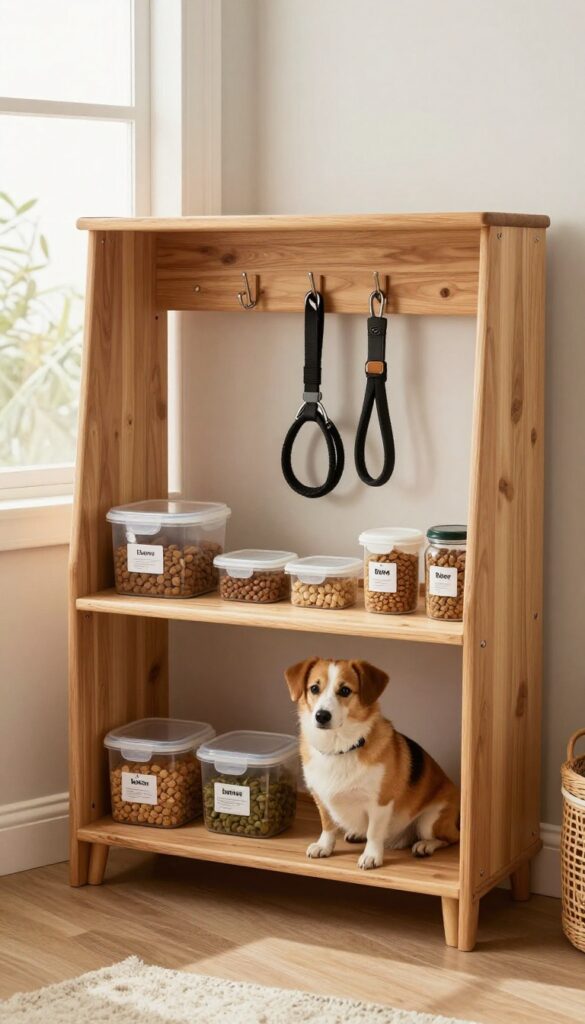 A DIY corner dog food station with shelves and hooks for leashes in a bright, organized home setting.