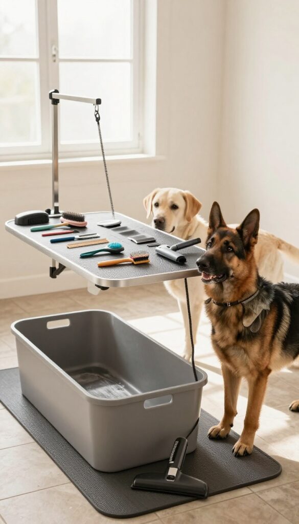 Dedicated grooming station with easy-clean surfaces for multiple dogs