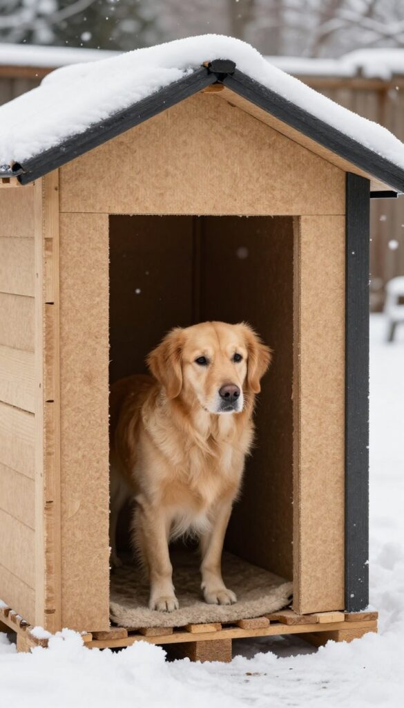 Insulated pallet dog house in snow with golden retriever peeking out