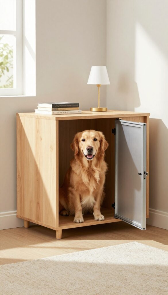 A furniture-style dog crate that looks like an end table, with a dog peeking out, in a bright living room.