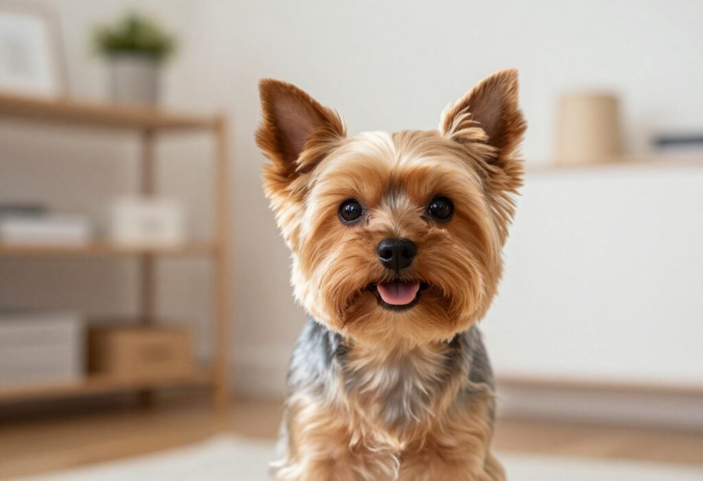 A cute Yorkshire Terrier with a stylish haircut in a cozy home environment