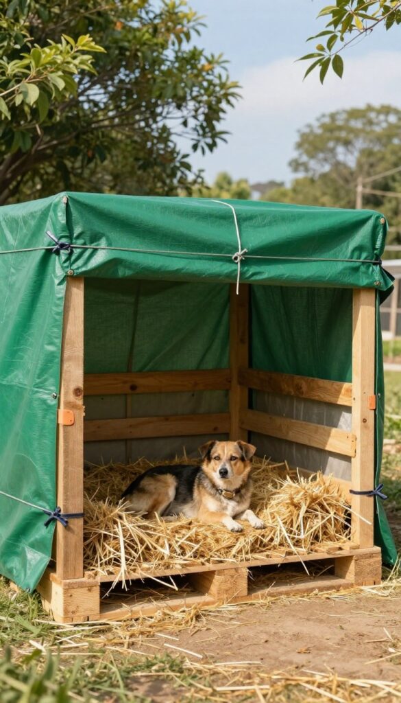 Pallet and tarp dog shelter with a dog resting inside