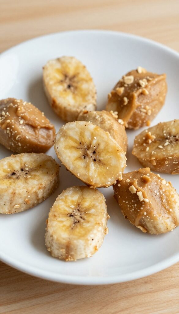 Close-up of soft peanut butter banana dog treats on a plain plate, showing homemade texture for a nutritious dog snack idea.