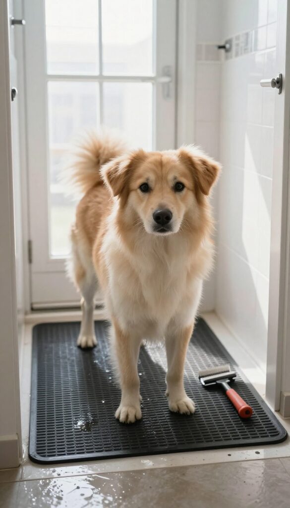 A dog safely standing on a non-slip mat during bath time in a laundry room, showcasing comfort and stability for grooming