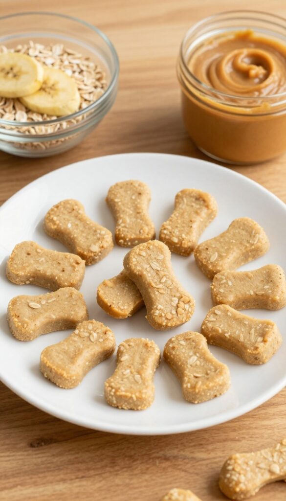 Homemade vegan peanut butter oat training bites for dogs, with ingredients like oats, banana, and peanut butter displayed plainly on a wooden table.
