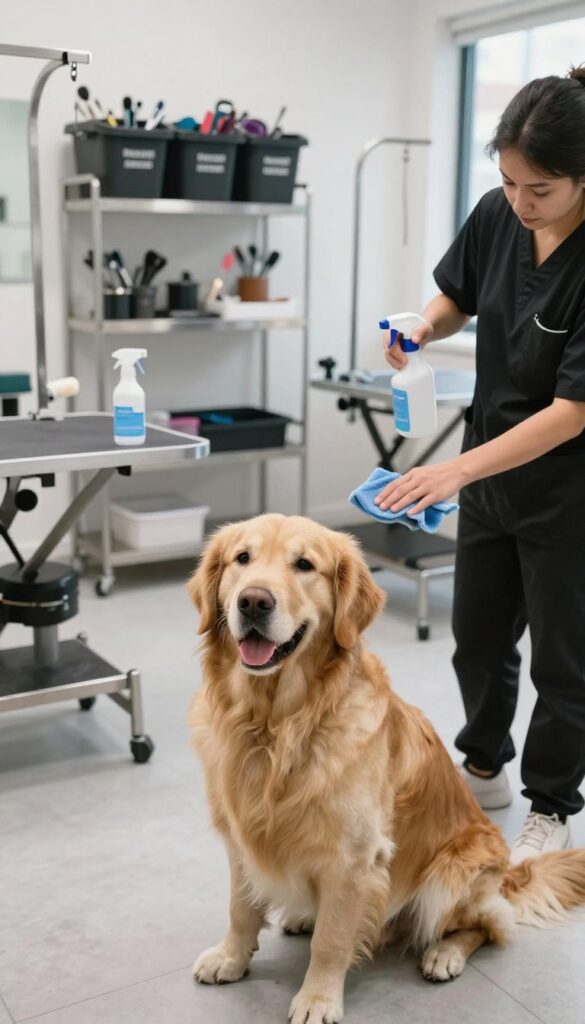 A staff member sanitizing a grooming table in a bright, tidy dog salon while a calm dog watches, highlighting cleanliness protocols for pet safety.