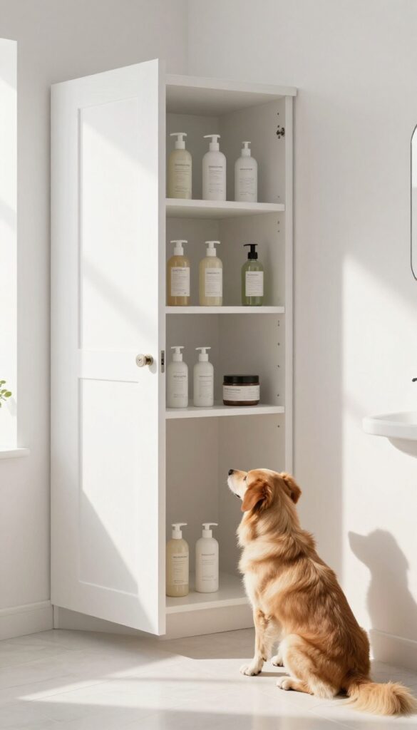 A safe and organized dog grooming storage setup in a home bathroom, featuring a child-proof locked cabinet with grooming supplies and a calm dog nearby.