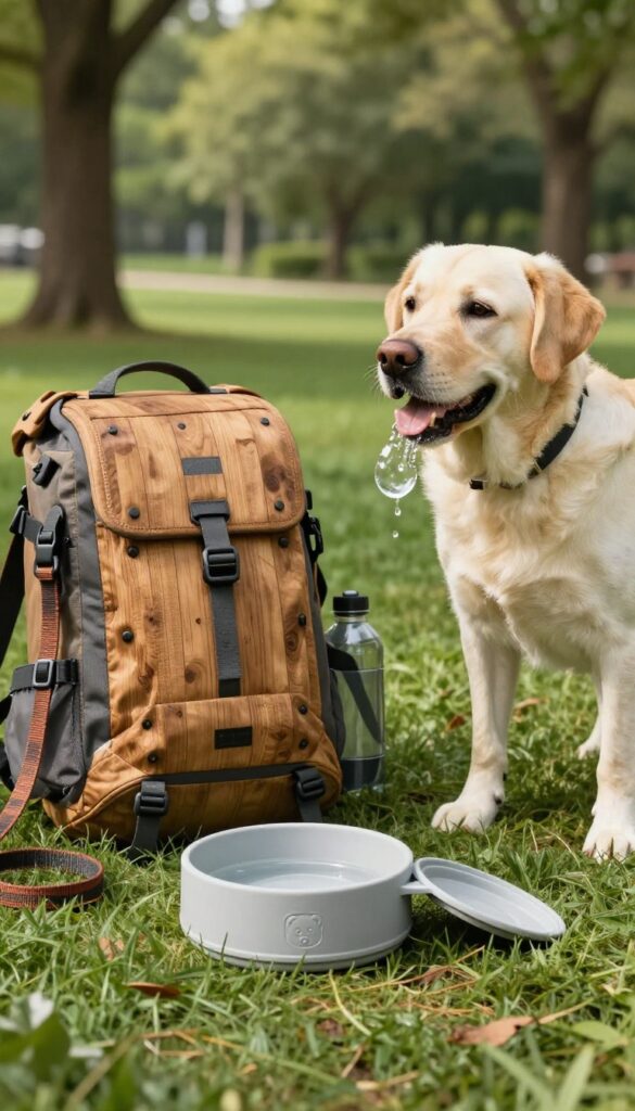 Collapsible dog bowl for travel: folded flat on backpack and open with dog drinking, showcasing portable feeding solution in outdoor setting.