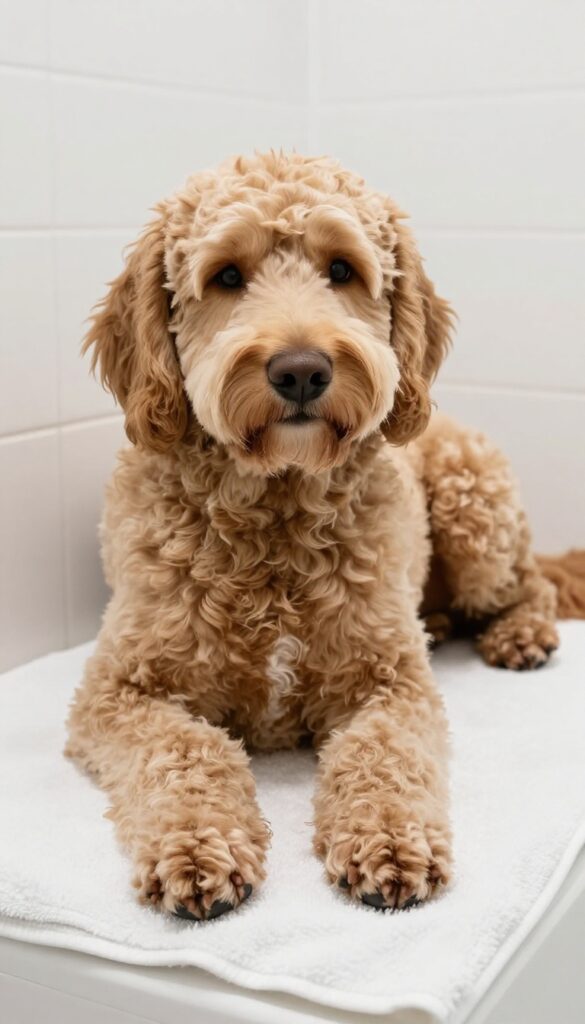 A golden doodle dog with trimmed paws and sanitary area resting on a towel in a bright bathroom, showcasing a clean grooming style for daily hygiene.