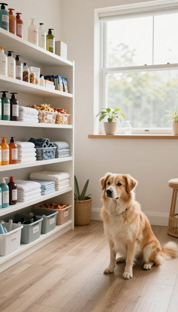A tidy backyard dog grooming shed with labeled bins of supplies on shelves and a calm dog nearby, showcasing an organized setup for stress-free grooming.