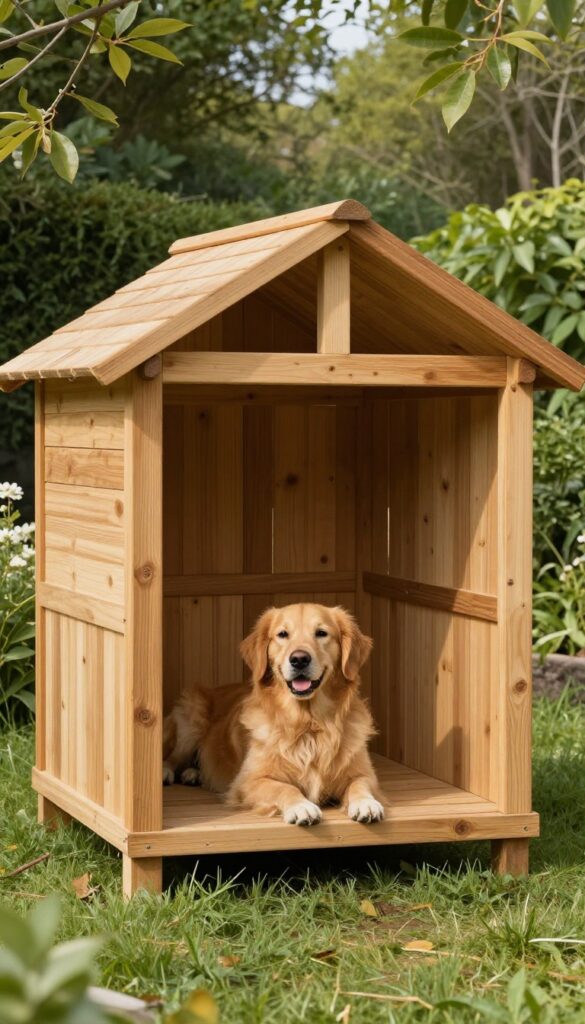Elevated wooden dog house with a dog resting underneath in a sunny backyard