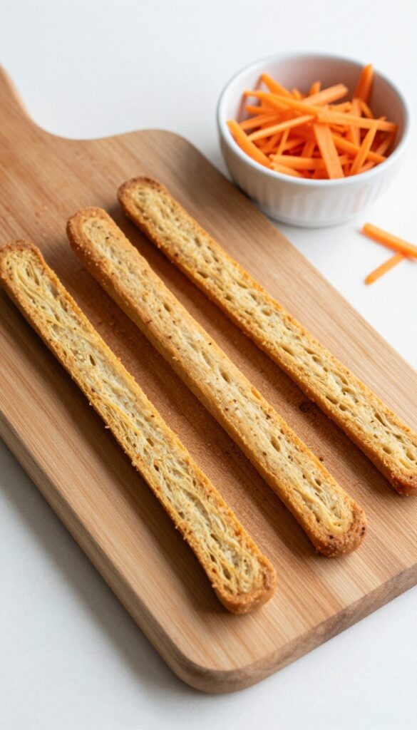 Homemade carrot sourdough crunch sticks for dogs, baked to a crisp golden-brown with visible carrot specks, arranged on a wooden cutting board with a ceramic bowl, under natural light.