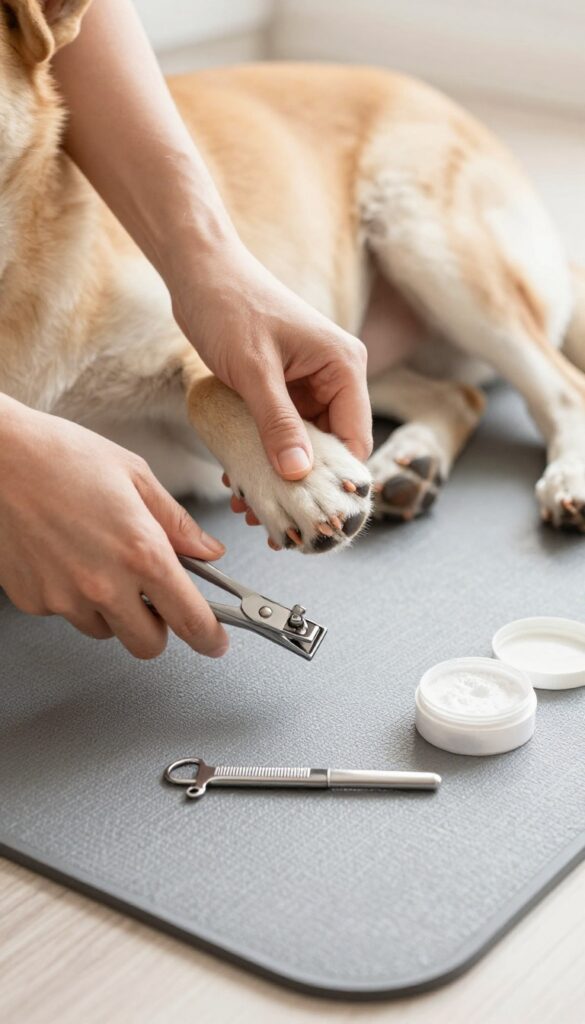 A person safely trimming a dog's nails at home with proper clippers and styptic powder on hand, showcasing calm grooming in natural light.