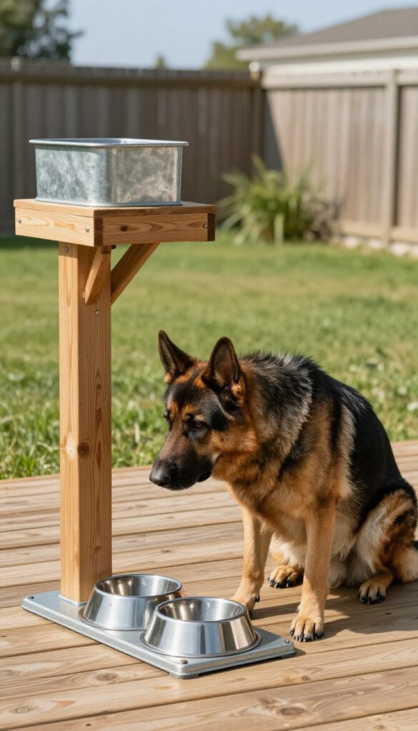 Outdoor dog feeding station with weather-resistant materials on a deck, featuring elevated bowls and a German Shepherd.