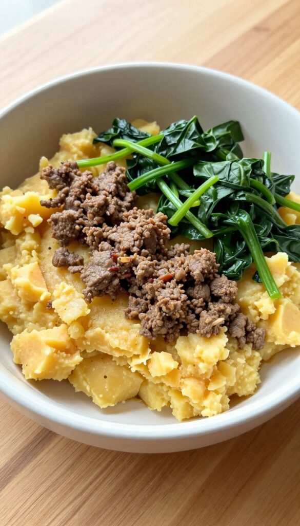 A bowl of homemade beef and sweet potato mash for dogs, with visible chunks and spinach, on a wooden table in natural light.