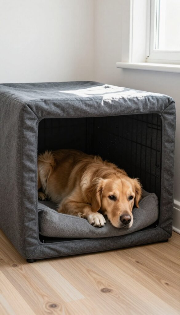 Indoor dog crate cover styled as a den for anxious dogs