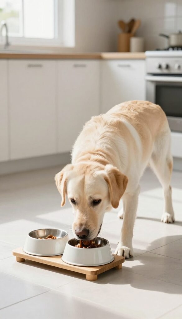 Dog eating from elevated bowl on stand in bright kitchen