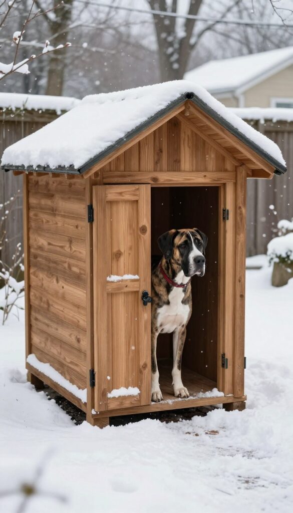 Heated dog house for large breeds in winter with Great Dane