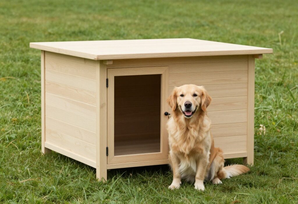 Modern minimalist outdoor dog house with a golden retriever sitting beside it on a green lawn.
