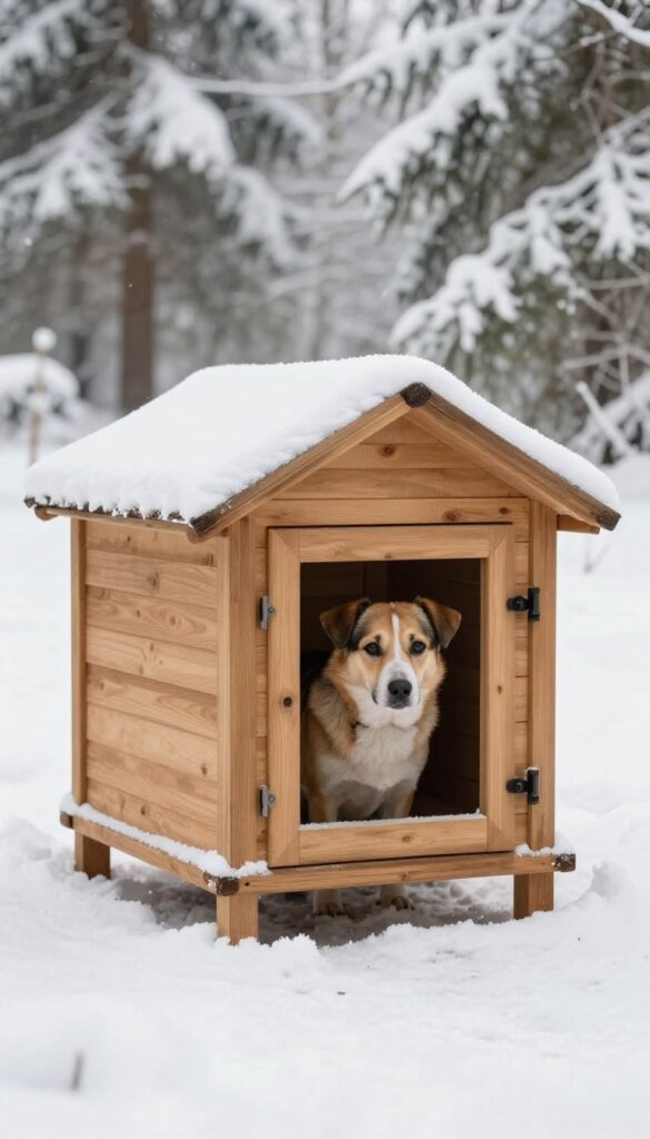 Heated dog house in snowy yard with dog peeking out