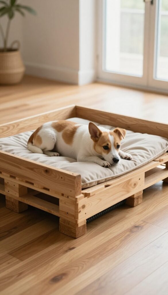 Pallet dog bed with non-slip base on hardwood floor