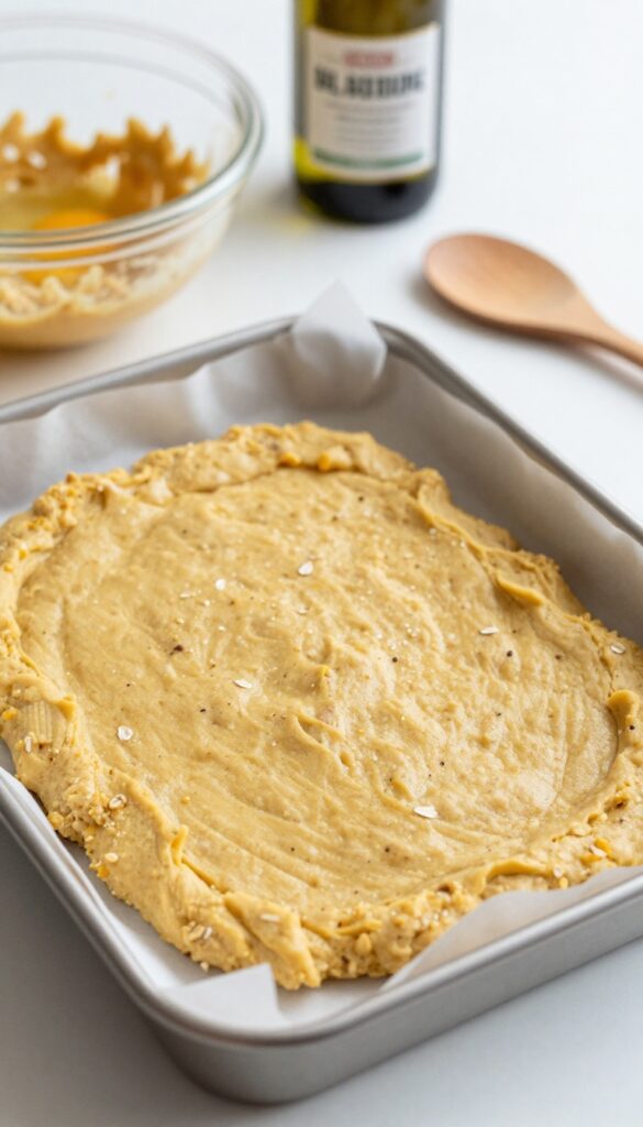 A close-up of homemade turkey and pumpkin soft chew dough in a baking dish, with mixing tools and ingredients, showing a gentle dog treat recipe for sensitive dogs.