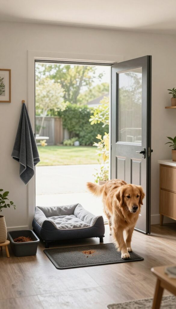 Garage mudroom entry with dog door, raised bed, towel hooks, and boot tray for muddy paws.