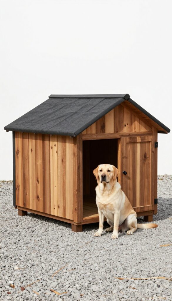 Weatherproof dog house made of heavy-duty materials with sloped roof and raised floor in a backyard