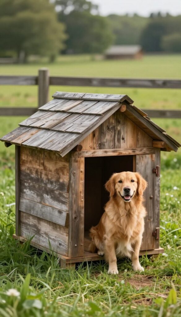A reclaimed barn wood dog house in a sunny farm setting with a golden retriever beside it.