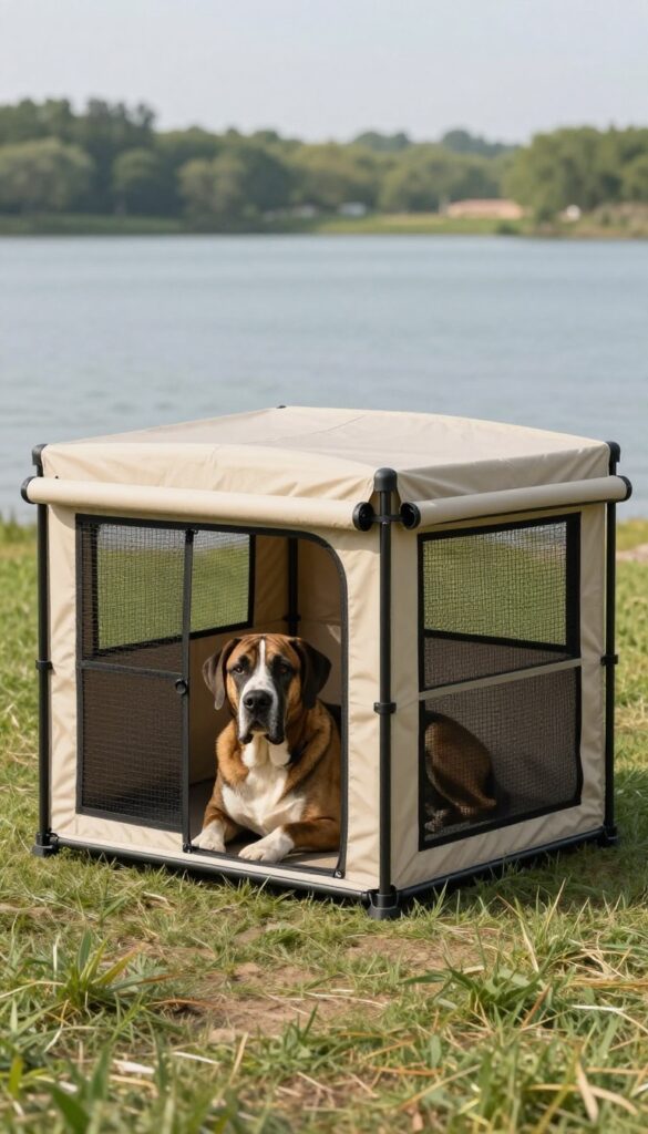 Portable folding dog house for travel with giant dog inside at campsite