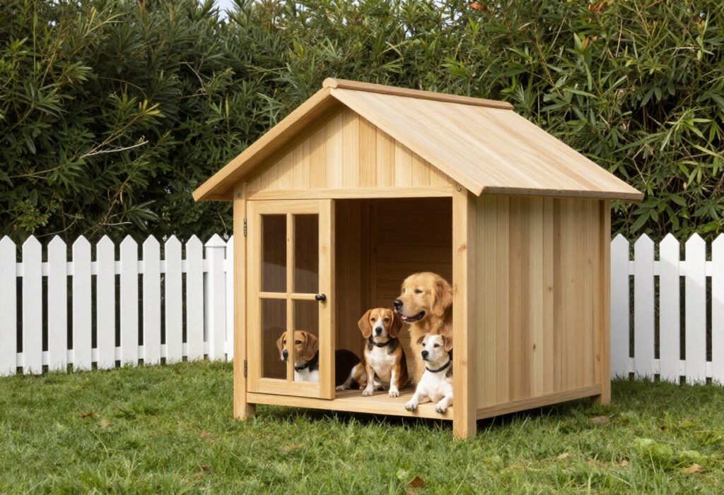 Three dogs relaxing in and around a stylish wooden dog house in a sunny backyard.