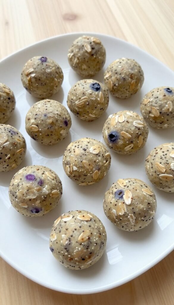 Close-up of blueberry oat no-bake dog treat balls on a plain white plate, showing soft texture with oats and chia seeds, in bright natural light for a homemade, vegan dog snack idea.