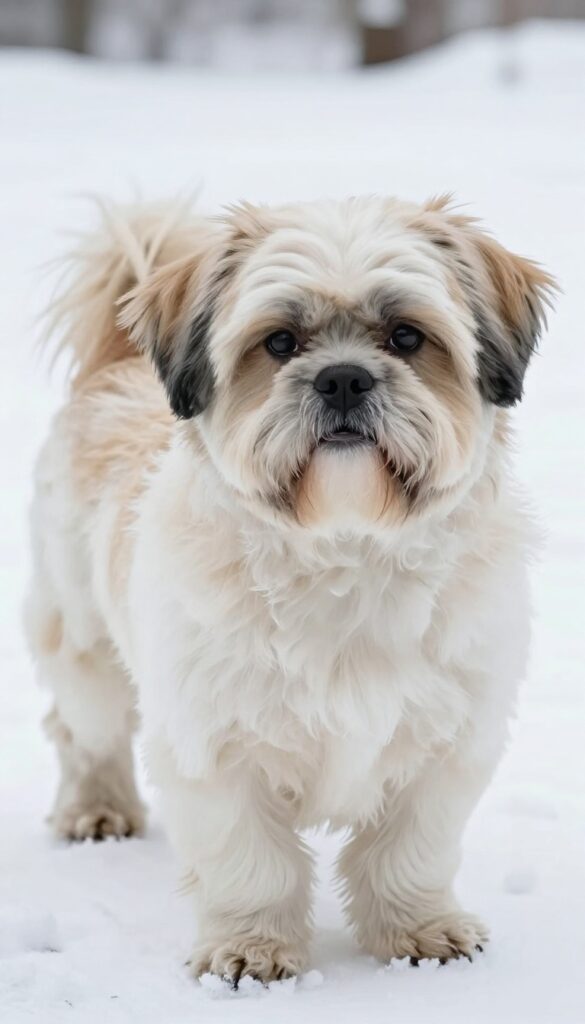 A Shih Tzu with a thick, layered winter coat standing in snow, showcasing a cozy grooming style for cold weather.