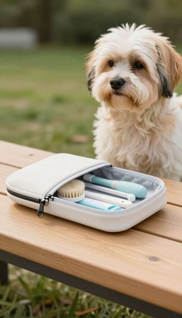 A mobile grooming kit for dogs, featuring a waterproof pouch with grooming essentials like a brush and wipes, placed next to a long-haired Shih Tzu in an outdoor setting.