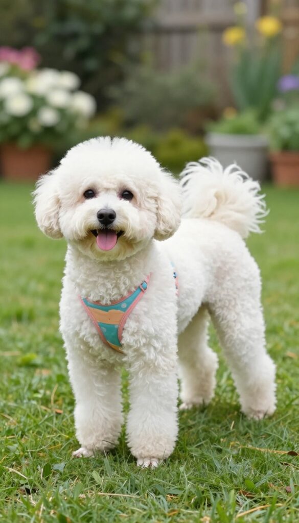 A Maltipoo dog with a bikini haircut for hygiene, standing in a sunny garden to illustrate the benefits of this easy grooming style.