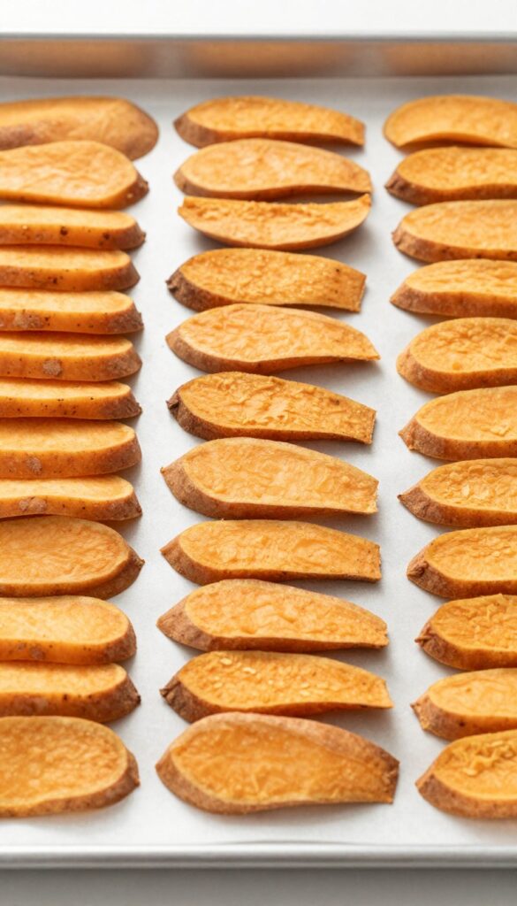 Homemade crunchy sweet potato chews for dogs, baked and arranged on a baking tray, showcasing a simple, healthy dog treat recipe.