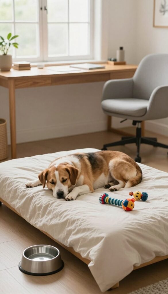 Dog resting on bed under desk in bright home office