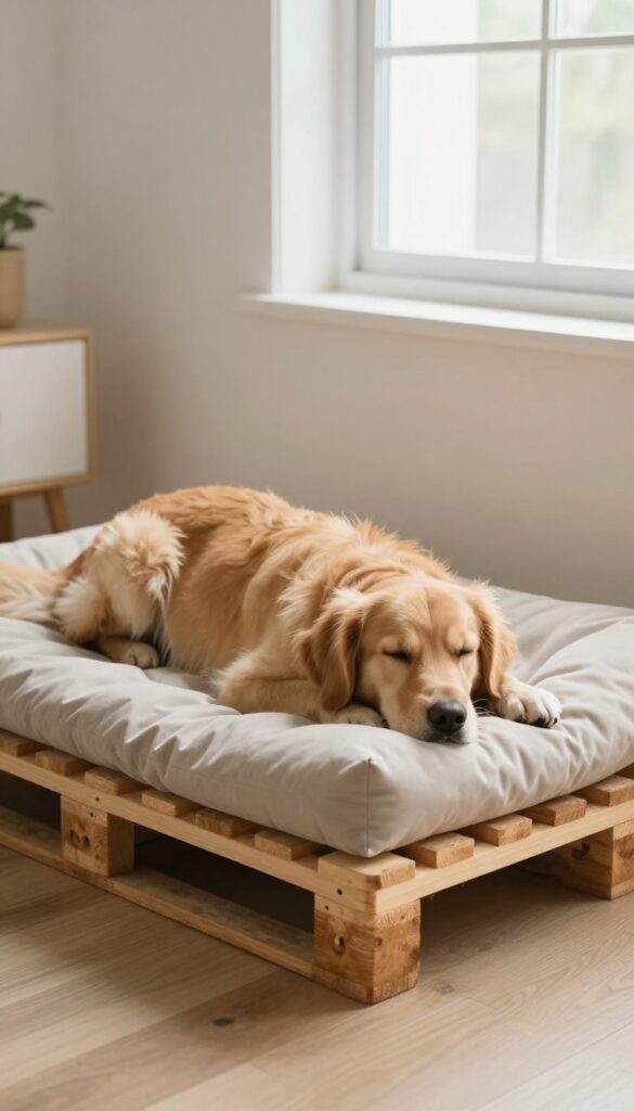 Pallet dog bed with removable cushion tray in a bright living room corner