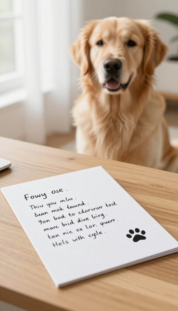 A business card with handwritten notes on a desk next to a well-groomed Golden Retriever in natural light.